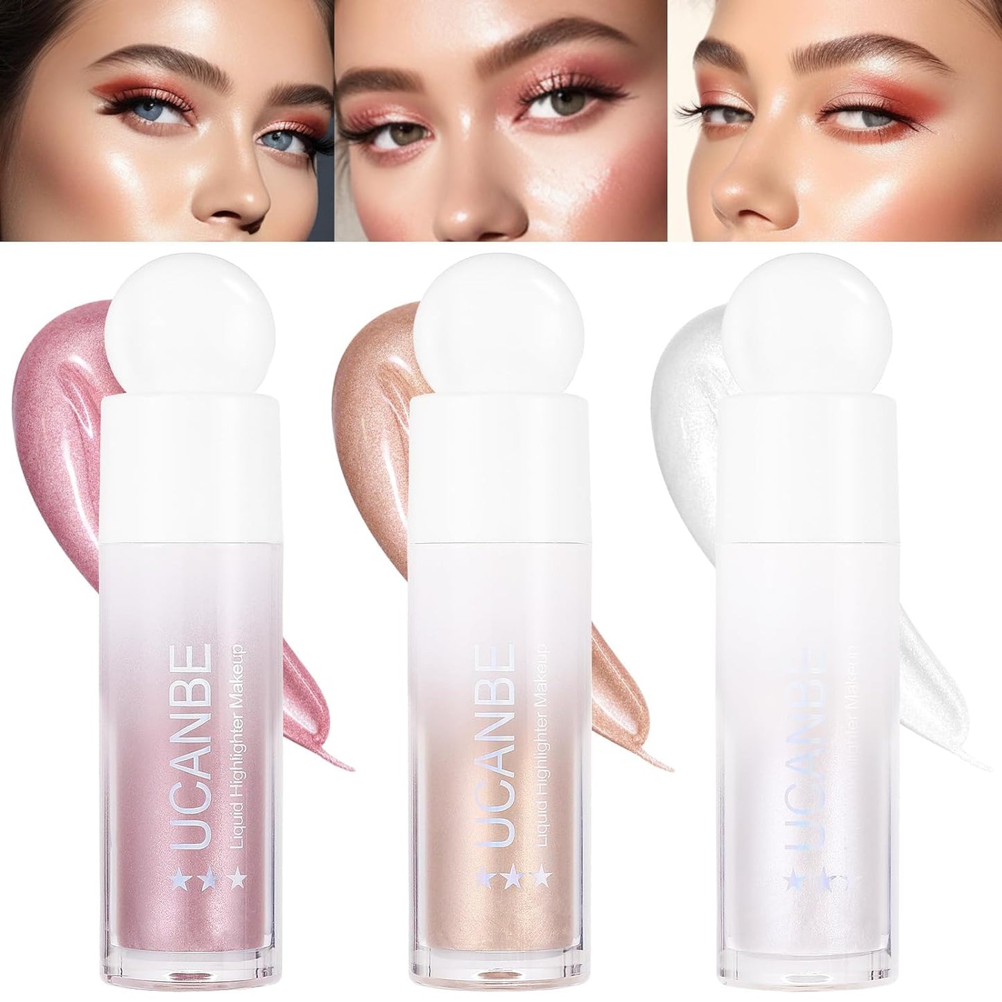 3-Pack Liquid Face Highlighter Makeup Set - Multifunctional Luminous Glow, Natural Radiance Sparkly Glitter Body Shimmer Liquid Luminizer Sticks - Suitable for Face, Eyes, Lips, and More