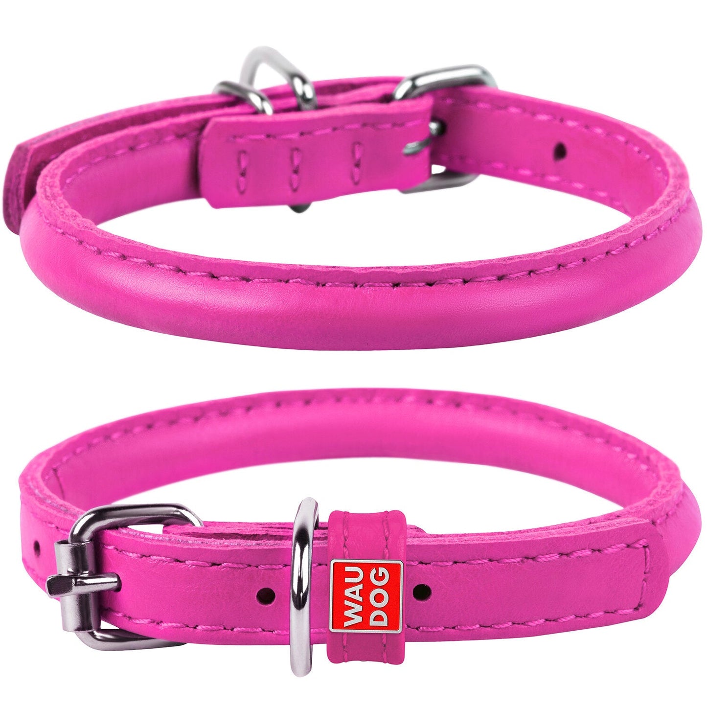 Waudog Leather Round Dog Collar 45-53CM PINK